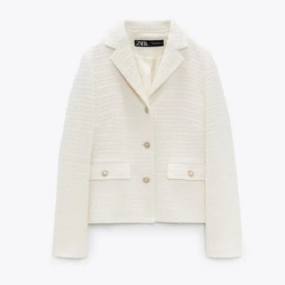 New! Zara Cream White Texture Jacket Blazer Tweed Boucle Rhinestone Buttons Sz L - Picture 16 of 16